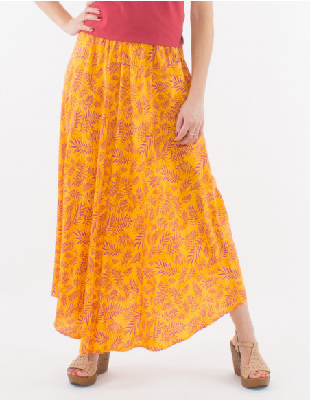 Bohemian long flared skirt with leaf pri