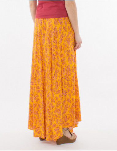 Bohemian long flared skirt with leaf pri