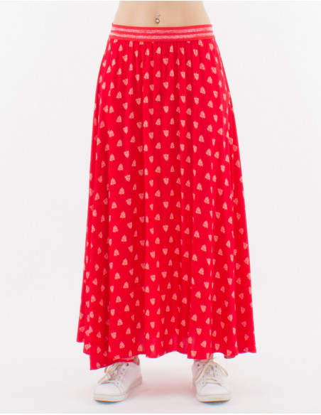 Jupe hippie chic longue femme coupe évasée détail paillettes sur la ceinture imprimé plumes rouge
