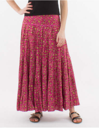Jupe longue bohème évasée avec smock dos pour femme imprimé fleuri rose fuchsia