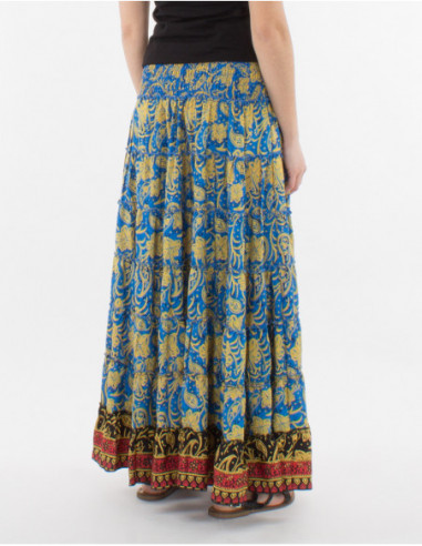 Jupe longue qui se transforme en robe courte pour l'été avec bandeau smocké et imprimé hippie chic original bleu pétrole