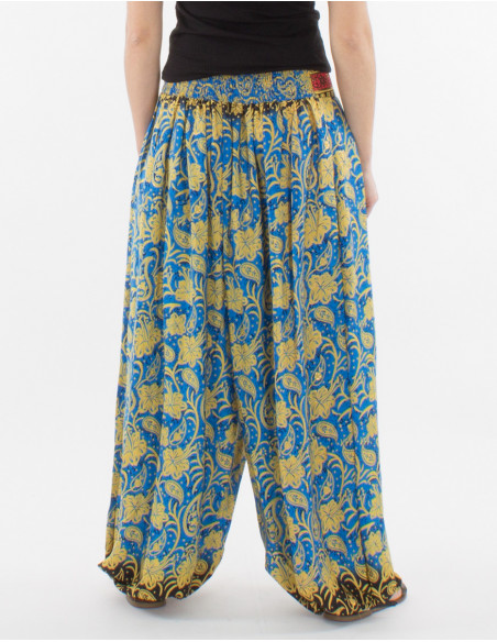 Pantalon loose oversize femme taille et chevilles resserrées par un élastique à imprimé baba cool original bleu pétrole