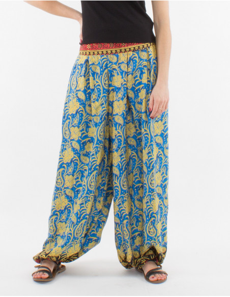 Pantalon baba cool oversize resserré aux chevilles avec motif original fleuri bleu petrole