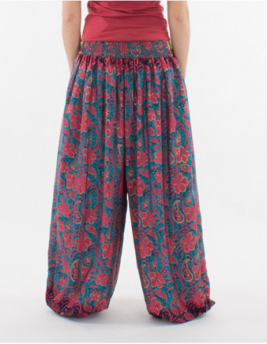 Pantalon loose oversize femme taille et chevilles resserrées par un élastique à imprimé baba cool original bleu marine