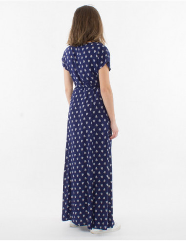 Robe longue bohème fendue femme fluide bleu marine imprimé plumes