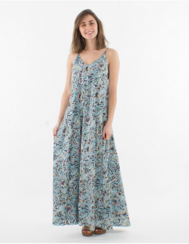 Robe longue féminine de plage  bleu avec fines bretelles réglables et motif cachemire géométrique