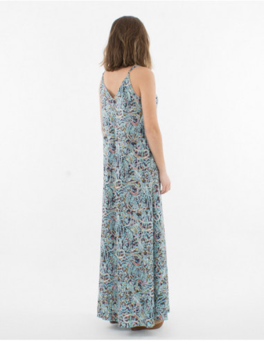 Robe longue de plage boho chic à col v et fines bretelles imprimée cachemire bleu