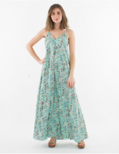 Robe longue féminine de plage  bleu avec fines bretelles réglables et motif cachemire géométrique
