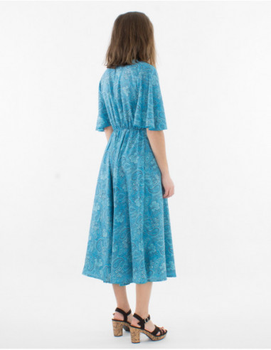 Robe mi longue bleu femme col cache cœur sexy avec manches courtes larges esprit kimono motif hawaïen