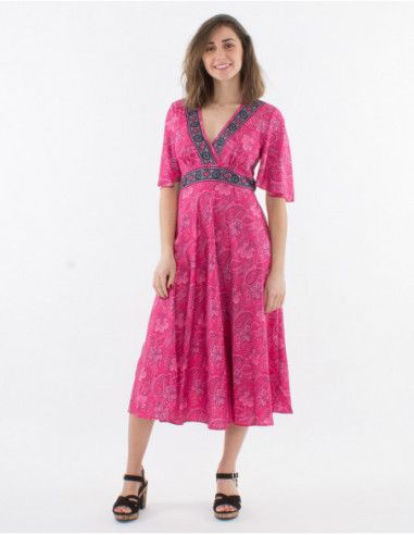 Robe mi longue rose fuchsia femme col cache cœur sexy avec manches courtes larges esprit kimono motif hawaïen