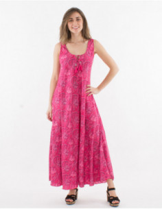 Robe longue sans manches basique pour l'été avec motif coloré rose fuchsia à fleurs tropicales et cachemire