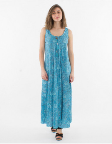 Robe longue fluide et légère femme bretelles marcel à imprimé bleu original hippie de fleurs hawaïennes et cachemire