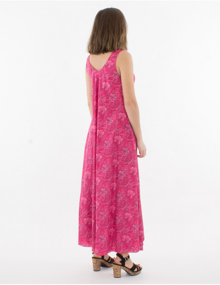 Robe longue fluide et légère femme bretelles marcel à imprimé rose fuchsia original hippie de fleurs hawaïennes et cachemire