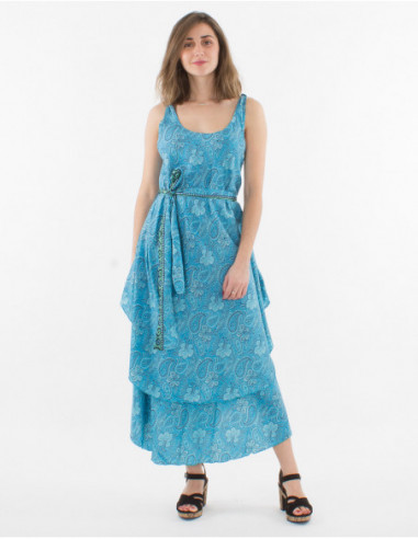 Robe élégante originale avec pans et ceinture à nouer à imprimé fleurs tropicales et cachemire bleu