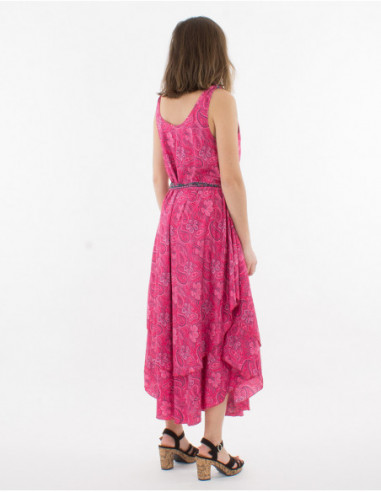 Robe originale femme larges bretelles avec ceinture et superposition longueur motif tropical et cachemire rose fuchsia