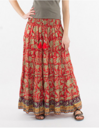 Modèle 2en1 pour femme de jupe longue et robe courte avec large smock et imprimé baba cool original rouge