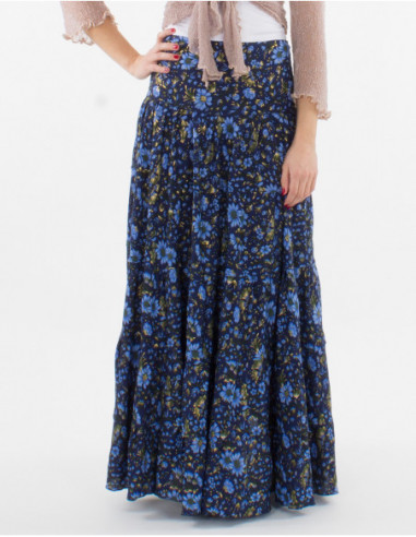 Jupe longue bohème et féminine à large ceinture confortable et motif original fleuri bleu doré