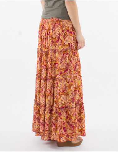 Jupe longue pour femme avec volants et smock à la taille pour l'été à imprimé cachemire coloré rose fuchsia