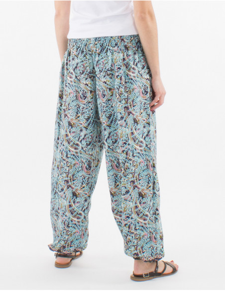 Pantalon large resserré aux chevilles avec large élastique à la ceinture pour femme à imprimé hippie bleu