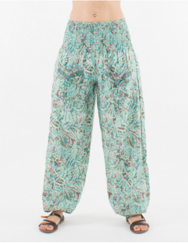 Pantalon large resserré aux chevilles avec large élastique à la ceinture pour femme à imprimé hippie vert menthe