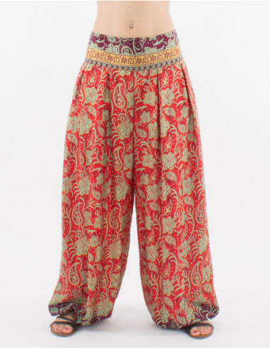 Pantalon loose oversize femme taille et chevilles resserrées par un élastique à imprimé baba cool original rouge