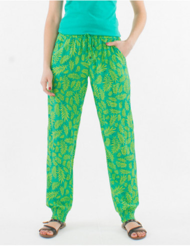 Pantalon slim avec poches pour l'été confortable à motif boho vert menthe avec feuilles