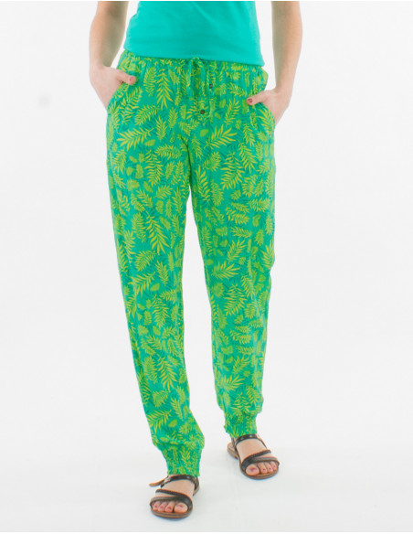 Pantalon d'été femme fluide avec poches avant à imprimé bohème féminin vert menthe de feuilles