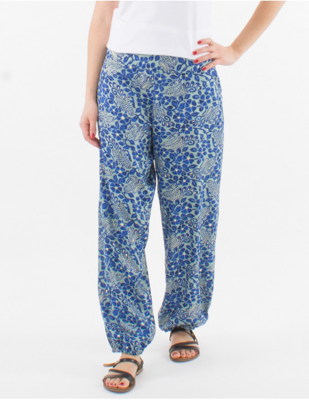 Pantalon fluide loose pour femme imprimé bohème et coloré de feuilles bleu et argenté