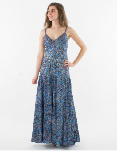 Robe longue évasée bretelles fines avec col v et motif original cachemire doré bleu