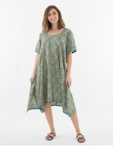 Robe mi longue droite à manches courtes bleu marine avec col v et motif indien ethnique