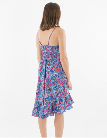 Robe courte bleu à fines bretelles idéale pour l'été col v sexy imprimé cachemire fleuri original