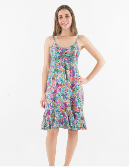 Robe courte fluide légère vert menthe à bretelles col v sexy féminin motif bohème cachemire fleuri