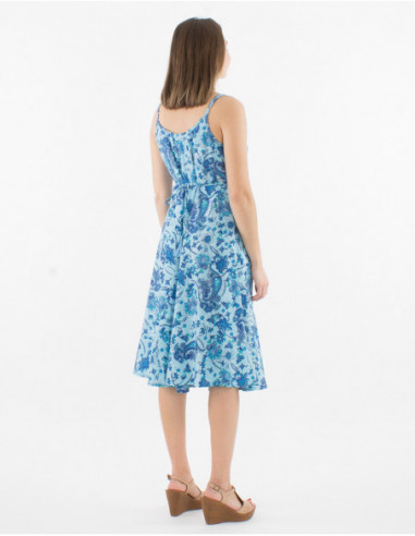 Robe longueur genoux bleu col cache cœur coupe portefeuille évasée motif bohème cachemire