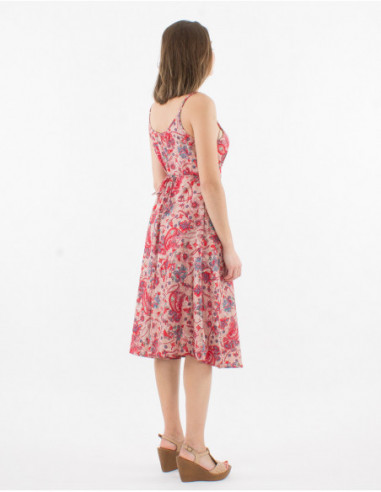 Robe longueur genoux rouge col cache cœur coupe portefeuille évasée motif bohème cachemire