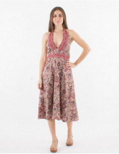 Robe légère d'été boho chic patineuse dos nu couleur rose avec motifs cachemires originaux 2
