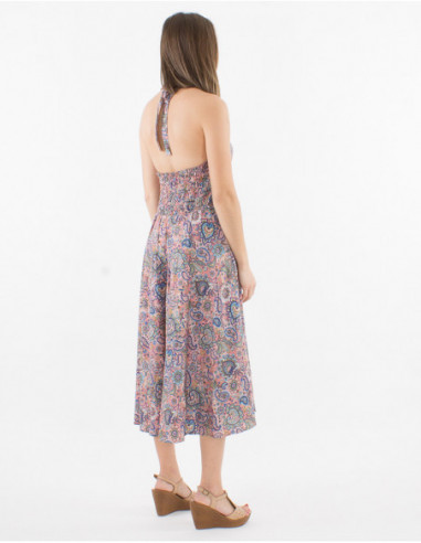 Robe mi longue dos nu boho bretelles à nouer coupe patineuse féminine motif cachemire rose