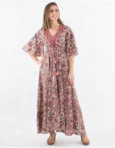 Robe longue à manches courtes pour femme avec col v sexy à pompons et motif boho cachemire couleur rouge