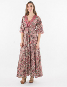 Robe longue à manches courtes pour femme avec col v sexy à pompons et motif boho cachemire couleur rouge 2