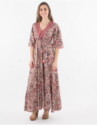 Robe longue à manches courtes volantées femme col v avec pompons et imprimé  rouge cachemire boho chic