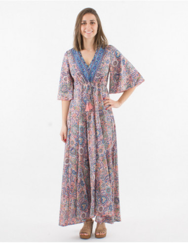 Robe longue à manches courtes volantées femme col v avec pompons et imprimé  rose cachemire boho chic