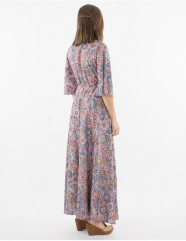 Robe longue bohème femme avec manches courtes et volants motif original cachemire rose
