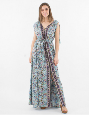 Robe longue originale femme sans manches avec pompons et motif bleu cachemire