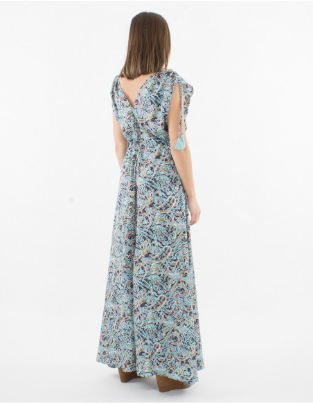 Robe longue bohème sans manches avec détails pompons et imprimé bleu graphique
