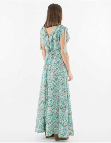 Robe longue originale femme sans manches avec pompons et motif vert menthe cachemire