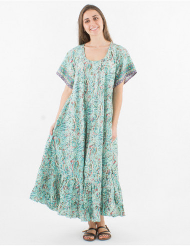 Robe large à volants boho et manches courtes confortable pour l'été avec motif cachemire géométrique vert menthe