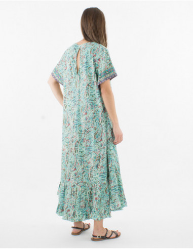 Robe longue à manches courtes larges d'été coupe évasée à volants et imprimé vert menthe cachemire bohème