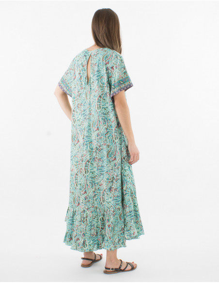 Robe longue à manches courtes larges d'été coupe évasée à volants et imprimé vert menthe cachemire bohème