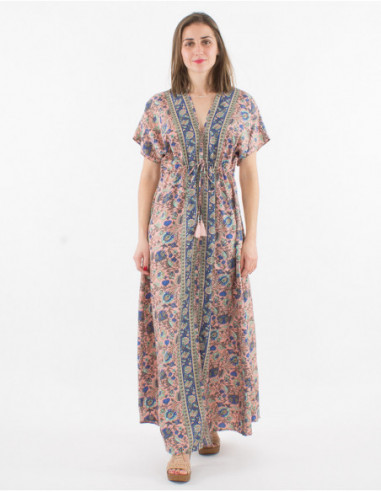 Robe longue à manches courtes amples hippie cool avec pompons et imprimé rose fleuri