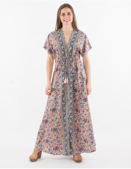 Robe baba cool longue avec manches courtes et col v avec détails pompons et fentes à imprimé rose de fleurs