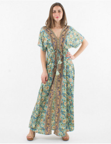 Robe baba cool longue avec manches courtes et col v avec détails pompons et fentes à imprimé bleu turquoise de fleurs